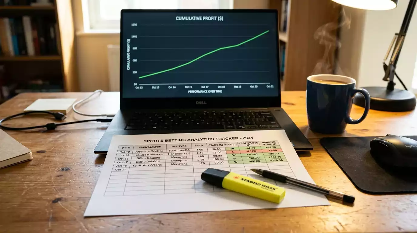 Spreadsheet on a desk tracking NFL bet results with columns for stake, odds, outcome and running profit