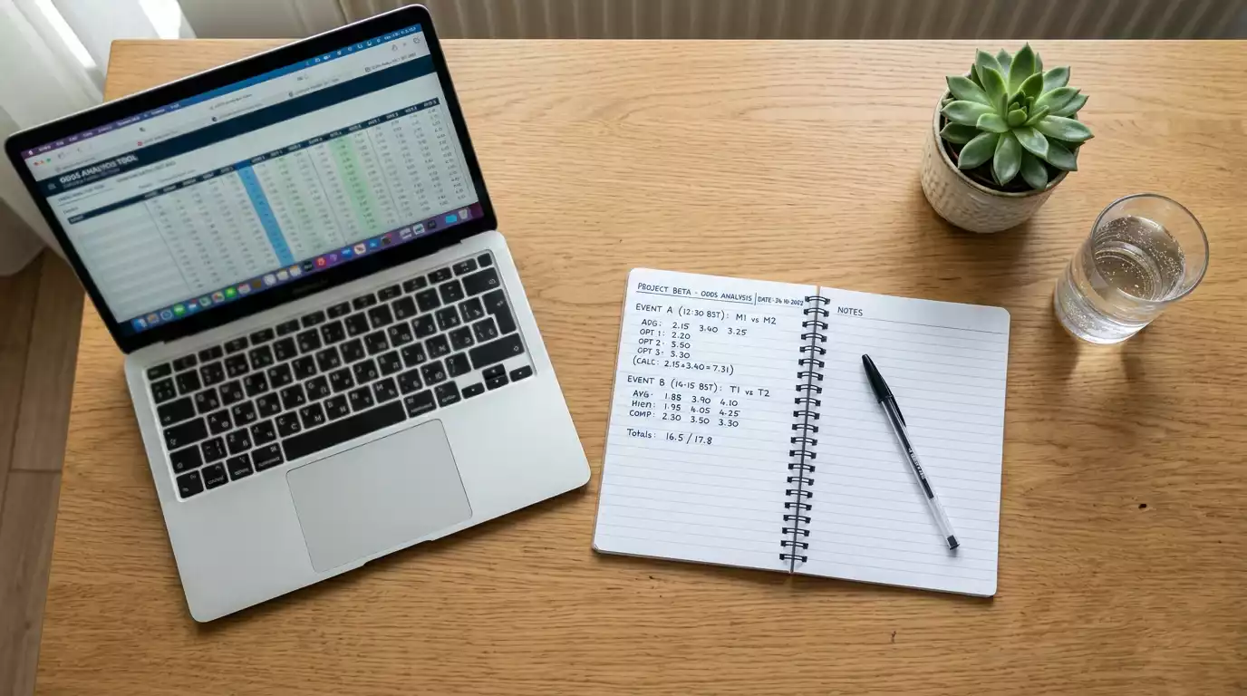 Open notebook with NFL game notes next to a laptop showing odds comparison across multiple bookmaker tabs