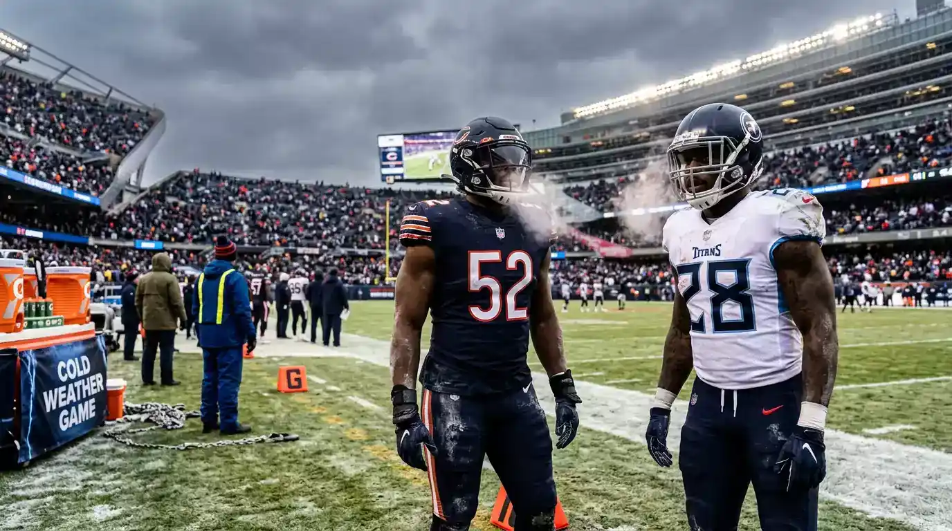 NFL players warming up on the sideline before a game in cold weather with visible breath in the air